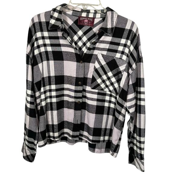 Hippie Rose Black & White Plaid Cropped Button Down Shirt Women's Large - Picture 1 of 6